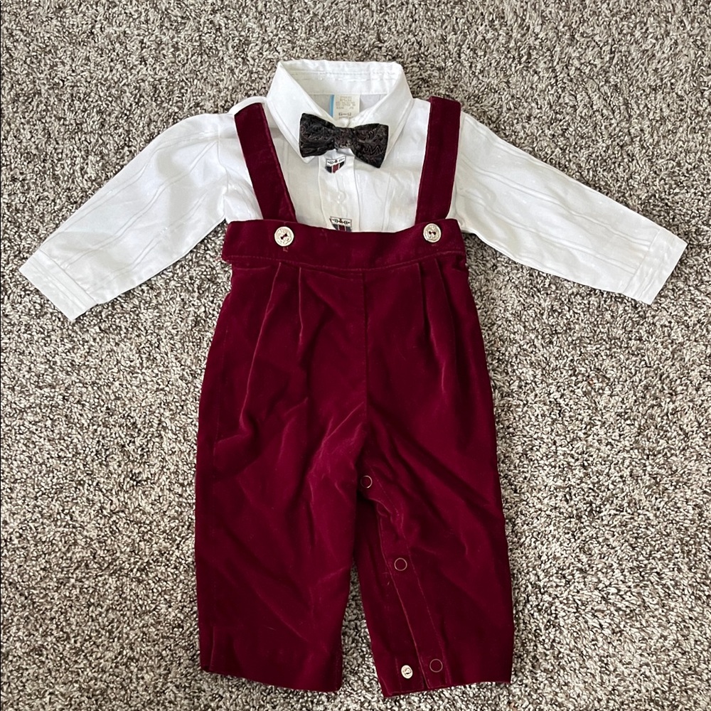 Vintage Velour Burgundy Suspender Outfit with White Shirt and Bow Tie